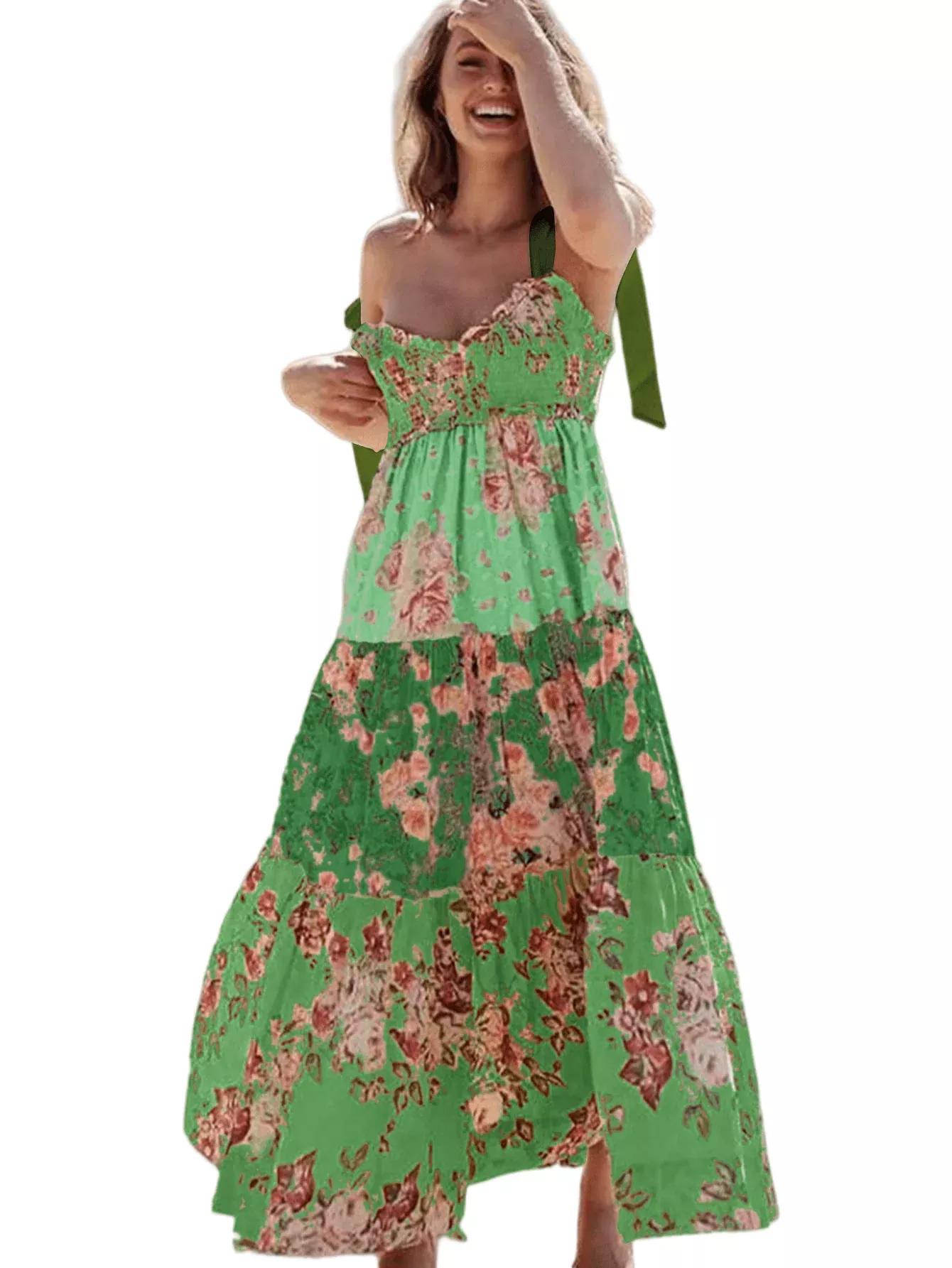 Chic YC Women's Floral Print Tiered Maxi Tie Shoulder Ruffle Hem Flowy Dress