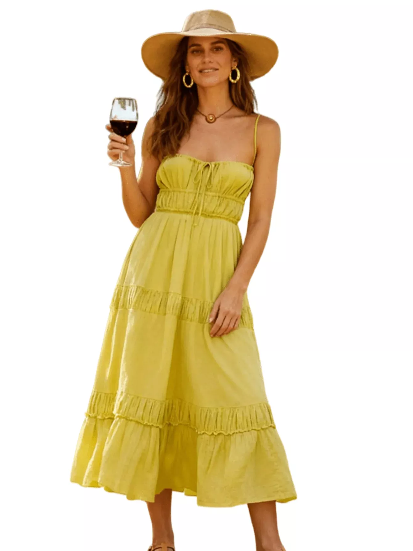 Chic YC Women's Tiered Ruffle Midi Dress Spaghetti Strap Smocked Waist Boho Summer Beach Vacation Yellow Dress