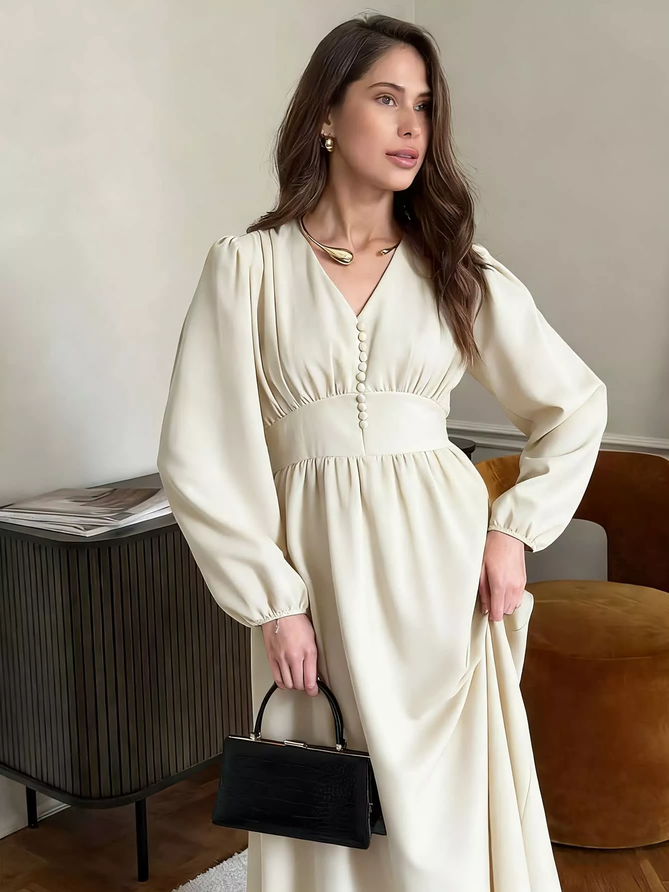 Chic YC Women's V-Neck Puff Sleeve Empire Waist Button Front A-Line Dress Casual Spring Fall Modest Dress