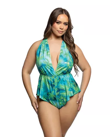 Tropical Dream Romper With Jungle Print, Flared Leg Opening, & Cheeky Back - Green/Blue S/M
